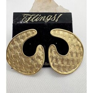 Vintage Flings Gold Tone Statement Earrings Large Abstract Crescent Bold Texture